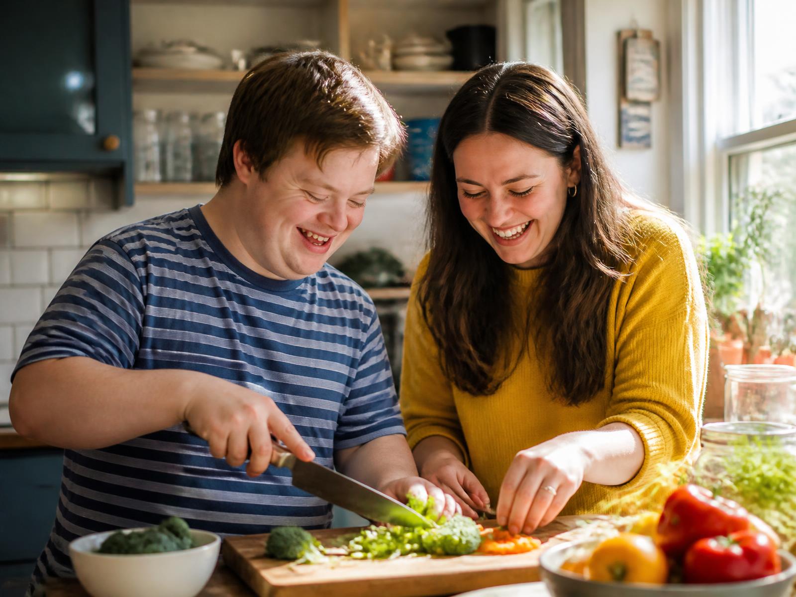 A young man and his sister cooking a meal together at the counter of a sunlit home kitchen